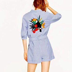 ZARA - Toucan Blue Stripe Seer Sucker Shorts Romper Size M No Belt